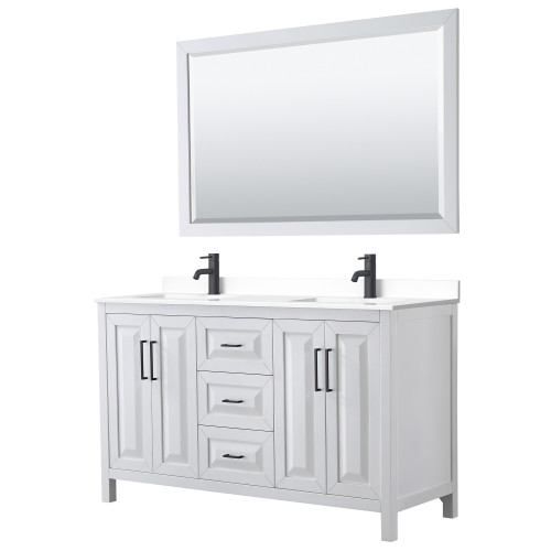 Wyndham WCV252560DWBWCUNSM58 Daria 60 Inch Double Bathroom Vanity in White, White Cultured Marble Countertop, Undermount Square Sinks, Matte Black Trim, 58 Inch Mirror
