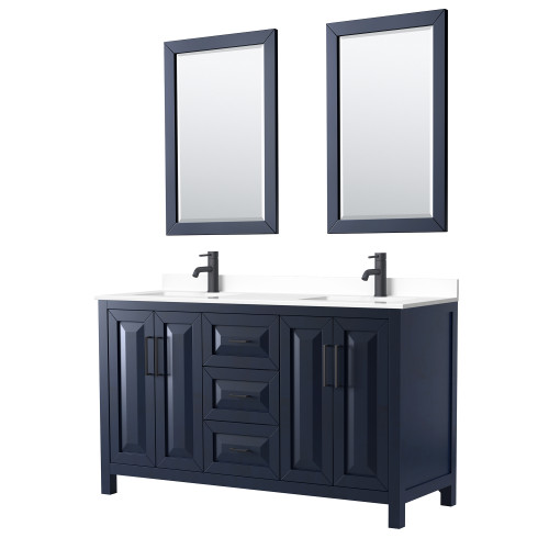 Wyndham WCV252560DBBWCUNSM24 Daria 60 Inch Double Bathroom Vanity in Dark Blue, White Cultured Marble Countertop, Undermount Square Sinks, Matte Black Trim, 24 Inch Mirrors