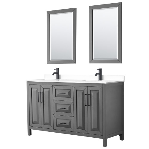 Wyndham WCV252560DGBWCUNSM24 Daria 60 Inch Double Bathroom Vanity in Dark Gray, White Cultured Marble Countertop, Undermount Square Sinks, Matte Black Trim, 24 Inch Mirrors
