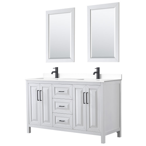 Wyndham WCV252560DWBWCUNSM24 Daria 60 Inch Double Bathroom Vanity in White, White Cultured Marble Countertop, Undermount Square Sinks, Matte Black Trim, 24 Inch Mirrors