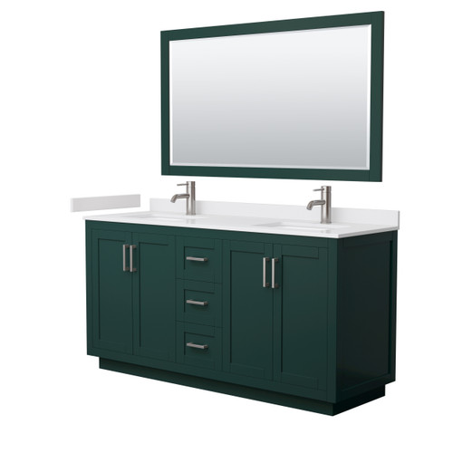 Wyndham WCF292966DGEWCUNSM58 Miranda 66 Inch Double Bathroom Vanity in Green, White Cultured Marble Countertop, Undermount Square Sinks, Brushed Nickel Trim, 58 Inch Mirror