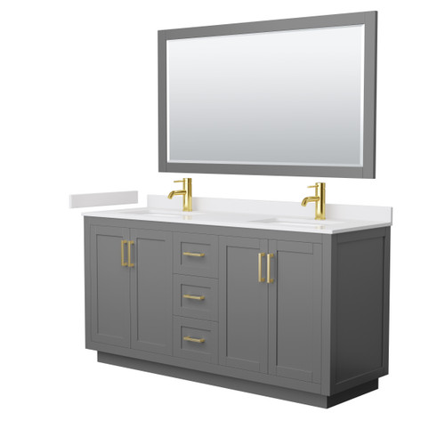 Wyndham WCF292966DGGWCUNSM58 Miranda 66 Inch Double Bathroom Vanity in Dark Gray, White Cultured Marble Countertop, Undermount Square Sinks, Brushed Gold Trim, 58 Inch Mirror
