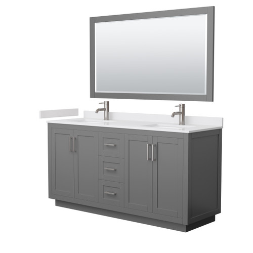 Wyndham WCF292966DKGWCUNSM58 Miranda 66 Inch Double Bathroom Vanity in Dark Gray, White Cultured Marble Countertop, Undermount Square Sinks, Brushed Nickel Trim, 58 Inch Mirror