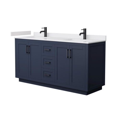 Wyndham WCF292966DBBWCUNSMXX Miranda 66 Inch Double Bathroom Vanity in Dark Blue, White Cultured Marble Countertop, Undermount Square Sinks, Matte Black Trim