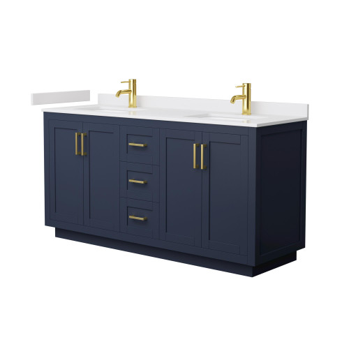 Wyndham WCF292966DBLWCUNSMXX Miranda 66 Inch Double Bathroom Vanity in Dark Blue, White Cultured Marble Countertop, Undermount Square Sinks, Brushed Gold Trim