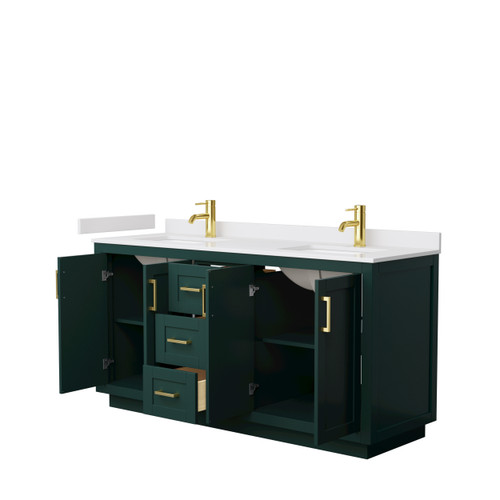 Wyndham WCF292966DGDWCUNSMXX Miranda 66 Inch Double Bathroom Vanity in Green, White Cultured Marble Countertop, Undermount Square Sinks, Brushed Gold Trim