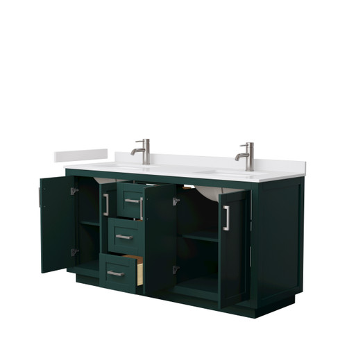 Wyndham WCF292966DGEWCUNSMXX Miranda 66 Inch Double Bathroom Vanity in Green, White Cultured Marble Countertop, Undermount Square Sinks, Brushed Nickel Trim