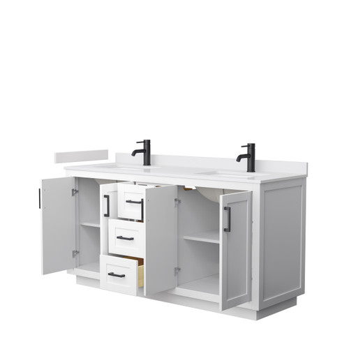 Wyndham WCF292966DWBWCUNSMXX Miranda 66 Inch Double Bathroom Vanity in White, White Cultured Marble Countertop, Undermount Square Sinks, Matte Black Trim