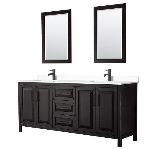 Wyndham WCV252580DEBWCUNSM24 Daria 80 Inch Double Bathroom Vanity in Dark Espresso, White Cultured Marble Countertop, Undermount Square Sinks, Matte Black Trim, 24 Inch Mirrors