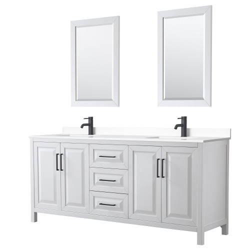 Wyndham WCV252580DWBWCUNSM24 Daria 80 Inch Double Bathroom Vanity in White, White Cultured Marble Countertop, Undermount Square Sinks, Matte Black Trim, 24 Inch Mirrors