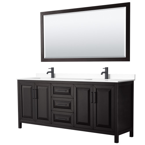 Wyndham WCV252580DEBWCUNSM70 Daria 80 Inch Double Bathroom Vanity in Dark Espresso, White Cultured Marble Countertop, Undermount Square Sinks, Matte Black Trim, 70 Inch Mirror