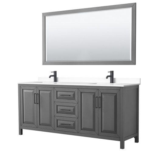 Wyndham WCV252580DGBWCUNSM70 Daria 80 Inch Double Bathroom Vanity in Dark Gray, White Cultured Marble Countertop, Undermount Square Sinks, Matte Black Trim, 70 Inch Mirror