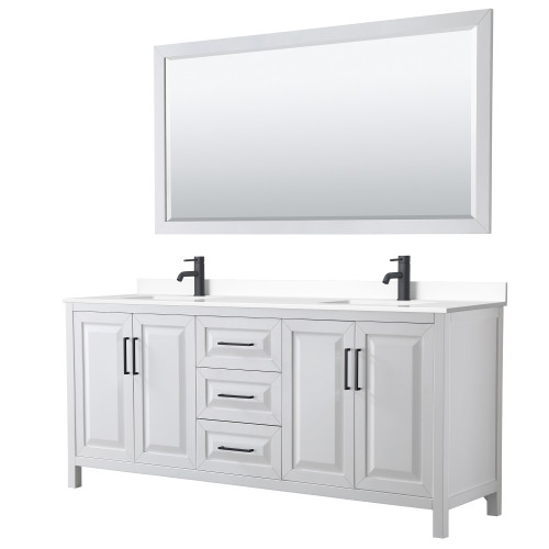 Wyndham WCV252580DWBWCUNSM70 Daria 80 Inch Double Bathroom Vanity in White, White Cultured Marble Countertop, Undermount Square Sinks, Matte Black Trim, 70 Inch Mirror
