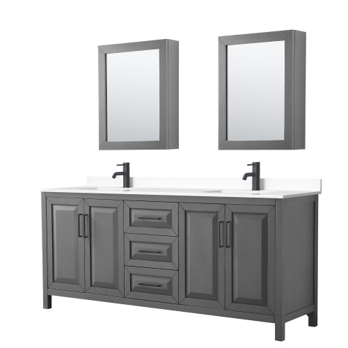 Wyndham WCV252580DGBWCUNSMED Daria 80 Inch Double Bathroom Vanity in Dark Gray, White Cultured Marble Countertop, Undermount Square Sinks, Matte Black Trim, Medicine Cabinets