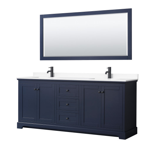 Wyndham WCV232380DBBWCUNSM70 Avery 80 Inch Double Bathroom Vanity in Dark Blue, White Cultured Marble Countertop, Undermount Square Sinks, Matte Black Trim, 70 Inch Mirror