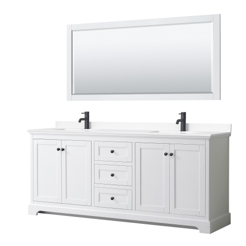 Wyndham WCV232380DWBWCUNSM70 Avery 80 Inch Double Bathroom Vanity in White, White Cultured Marble Countertop, Undermount Square Sinks, Matte Black Trim, 70 Inch Mirror