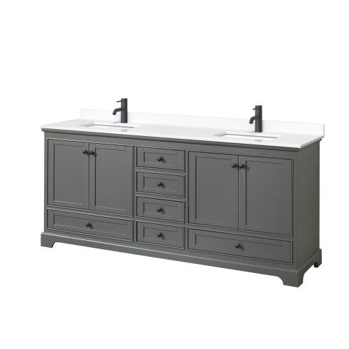 Wyndham WCS202080DGBWCUNSMXX Deborah 80 Inch Double Bathroom Vanity in Dark Gray, White Cultured Marble Countertop, Undermount Square Sinks, Matte Black Trim