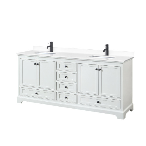 Wyndham WCS202080DWBWCUNSMXX Deborah 80 Inch Double Bathroom Vanity in White, White Cultured Marble Countertop, Undermount Square Sinks, Matte Black Trims