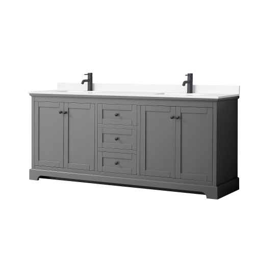 Wyndham WCV232380DGBWCUNSMXX Avery 80 Inch Double Bathroom Vanity in Dark Gray, White Cultured Marble Countertop, Undermount Square Sinks, Matte Black Trim