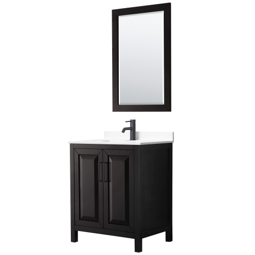 Wyndham WCV252530SEBWCUNSM24 Daria 30 Inch Single Bathroom Vanity in Dark Espresso, White Cultured Marble Countertop, Undermount Square Sink, Matte Black Trim, 24 Inch Mirror
