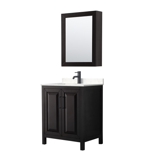 Wyndham WCV252530SEBC2UNSMED Daria 30 Inch Single Bathroom Vanity in Dark Espresso, Carrara Cultured Marble Countertop, Undermount Square Sink, Matte Black Trim, Medicine Cabinet