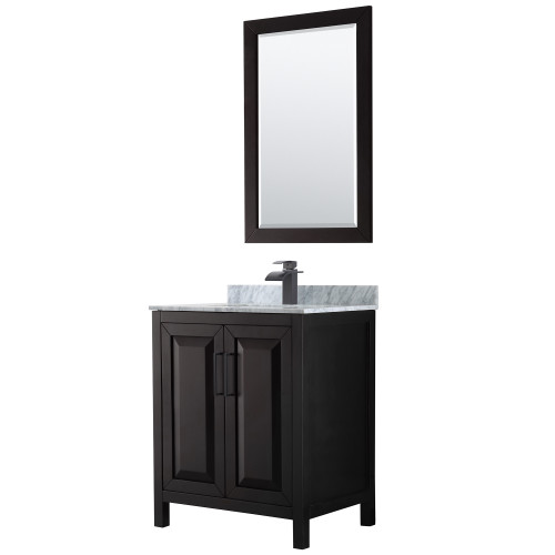 Wyndham WCV252530SEBCMUNSM24 Daria 30 Inch Single Bathroom Vanity in Dark Espresso, White Carrara Marble Countertop, Undermount Square Sink, Matte Black Trim, 24 Inch Mirror