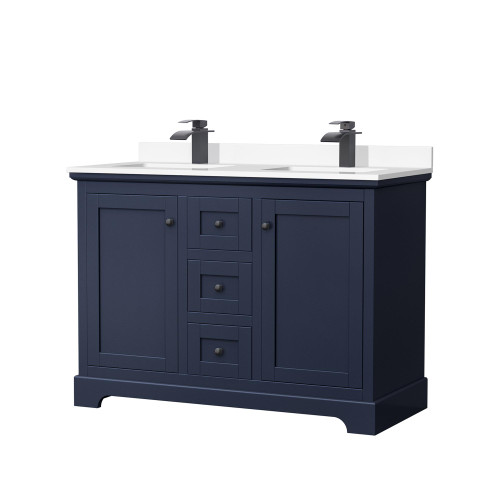 Wyndham WCV232348DBBWCUNSMXX Avery 48 Inch Double Bathroom Vanity in Dark Blue, White Cultured Marble Countertop, Undermount Square Sinks, Matte Black Trim