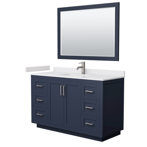 Wyndham WCF292954SBNWCUNSM46 Miranda 54 Inch Single Bathroom Vanity in Dark Blue, White Cultured Marble Countertop, Undermount Square Sink, Brushed Nickel Trim, 46 Inch Mirror