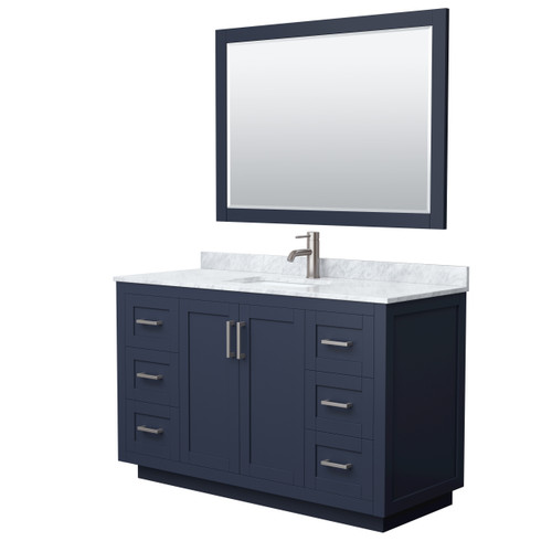 Wyndham WCF292954SBNCMUNSM46 Miranda 54 Inch Single Bathroom Vanity in Dark Blue, White Carrara Marble Countertop, Undermount Square Sink, Brushed Nickel Trim, 46 Inch Mirror
