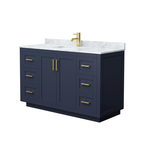 Wyndham WCF292954SBLCMUNSMXX Miranda 54 Inch Single Bathroom Vanity in Dark Blue, White Carrara Marble Countertop, Undermount Square Sink, Brushed Gold Trim
