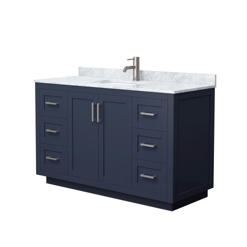 Wyndham WCF292954SBNCMUNSMXX Miranda 54 Inch Single Bathroom Vanity in Dark Blue, White Carrara Marble Countertop, Undermount Square Sink, Brushed Nickel Trim