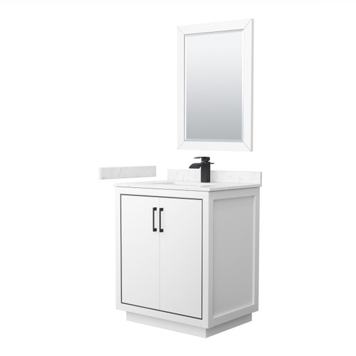 Wyndham WCF111130SWBC2UNSM24 Icon 30 Inch Single Bathroom Vanity in White, Carrara Cultured Marble Countertop, Undermount Square Sink, Matte Black Trim, 24 Inch Mirror
