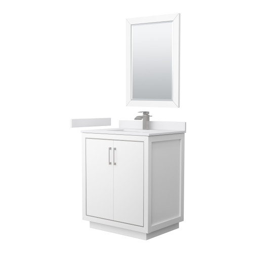 Wyndham WCF111130SWHWCUNSM24 Icon 30 Inch Single Bathroom Vanity in White, White Cultured Marble Countertop, Undermount Square Sink, Brushed Nickel Trim, 24 Inch Mirror