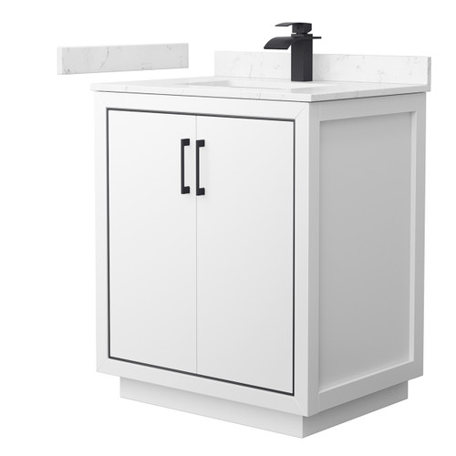 Wyndham WCF111130SWBC2UNSMXX Icon 30 Inch Single Bathroom Vanity in White, Carrara Cultured Marble Countertop, Undermount Square Sink, Matte Black Trim