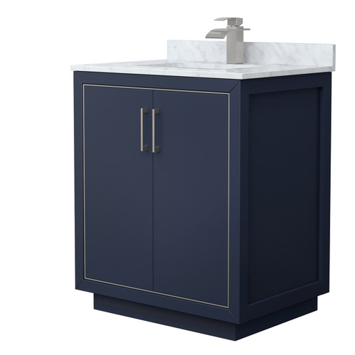 Wyndham WCF111130SBNCMUNSMXX Icon 30 Inch Single Bathroom Vanity in Dark Blue, White Carrara Marble Countertop, Undermount Square Sink, Brushed Nickel Trim