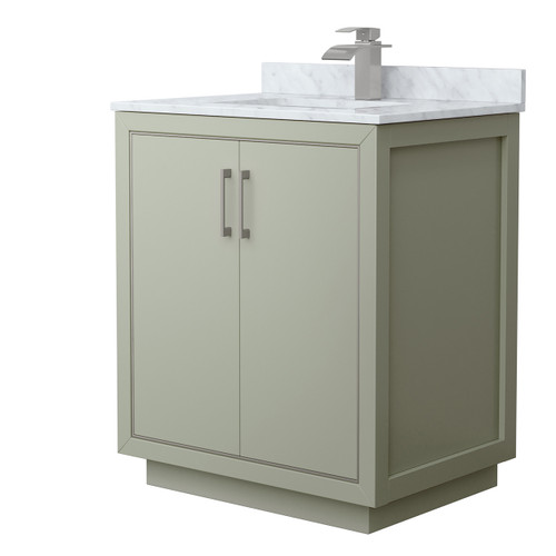 Wyndham WCF111130SLGCMUNSMXX Icon 30 Inch Single Bathroom Vanity in Light Green, White Carrara Marble Countertop, Undermount Square Sink, Brushed Nickel Trim