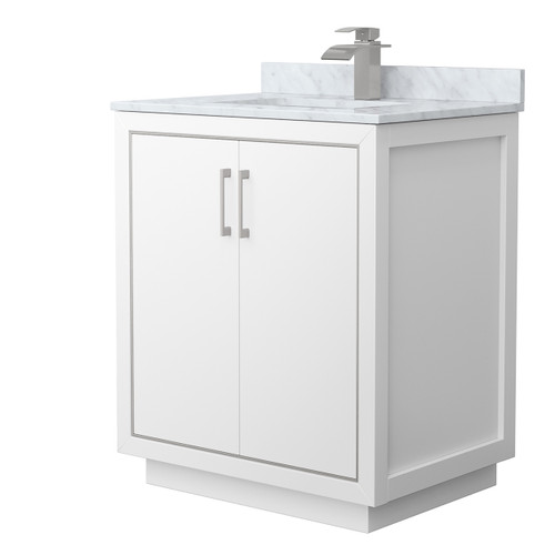 Wyndham WCF111130SWHCMUNSMXX Icon 30 Inch Single Bathroom Vanity in White, White Carrara Marble Countertop, Undermount Square Sink, Brushed Nickel Trim