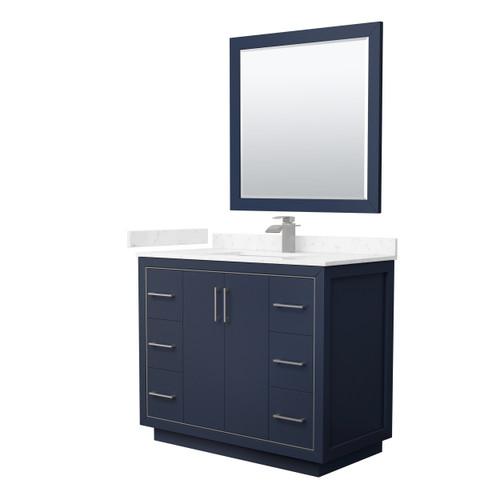 Wyndham WCF111142SBNC2UNSM34 Icon 42 Inch Single Bathroom Vanity in Dark Blue, Carrara Cultured Marble Countertop, Undermount Square Sink, Brushed Nickel Trim, 34 Inch Mirror