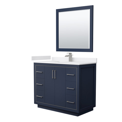 Wyndham WCF111142SBNWCUNSM34 Icon 42 Inch Single Bathroom Vanity in Dark Blue, White Cultured Marble Countertop, Undermount Square Sink, Brushed Nickel Trim, 34 Inch Mirror