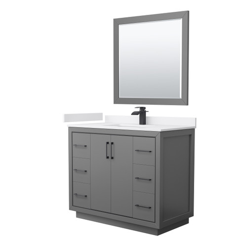 Wyndham WCF111142SGBWCUNSM34 Icon 42 Inch Single Bathroom Vanity in Dark Gray, White Cultured Marble Countertop, Undermount Square Sink, Matte Black Trim, 34 Inch Mirror