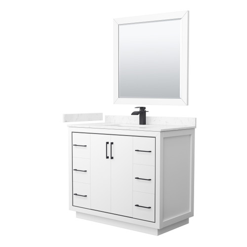 Wyndham WCF111142SWBC2UNSM34 Icon 42 Inch Single Bathroom Vanity in White, Carrara Cultured Marble Countertop, Undermount Square Sink, Matte Black Trim, 34 Inch Mirror