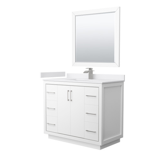 Wyndham WCF111142SWHWCUNSM34 Icon 42 Inch Single Bathroom Vanity in White, White Cultured Marble Countertop, Undermount Square Sink, Brushed Nickel Trim, 34 Inch Mirror
