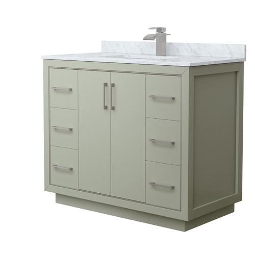 Wyndham WCF111142SLGCMUNSMXX Icon 42 Inch Single Bathroom Vanity in Light Green, White Carrara Marble Countertop, Undermount Square Sink, Brushed Nickel Trim