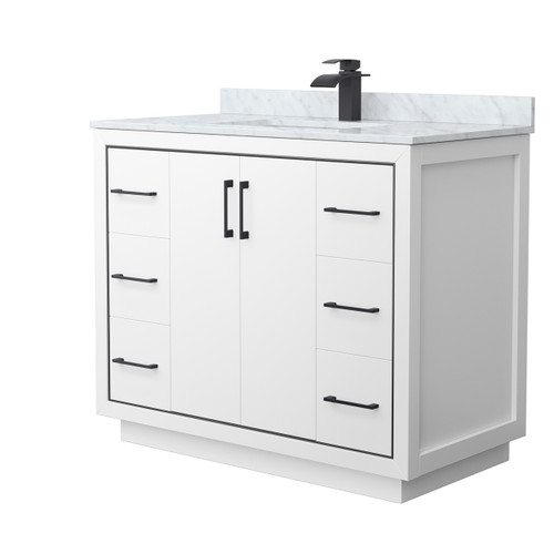 Wyndham WCF111142SWBCMUNSMXX Icon 42 Inch Single Bathroom Vanity in White, White Carrara Marble Countertop, Undermount Square Sink, Matte Black Trim