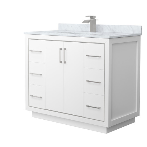Wyndham WCF111142SWHCMUNSMXX Icon 42 Inch Single Bathroom Vanity in White, White Carrara Marble Countertop, Undermount Square Sink, Brushed Nickel Trim