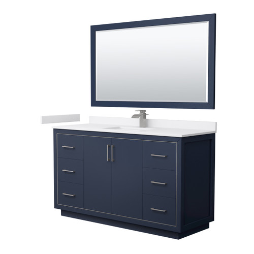 Wyndham WCF111160SBNWCUNSM58 Icon 60 Inch Single Bathroom Vanity in Dark Blue, White Cultured Marble Countertop, Undermount Square Sink, Brushed Nickel Trim, 58 Inch Mirror