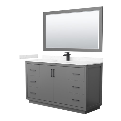 Wyndham WCF111160SGBC2UNSM58 Icon 60 Inch Single Bathroom Vanity in Dark Gray, Carrara Cultured Marble Countertop, Undermount Square Sink, Matte Black Trim, 58 Inch Mirror