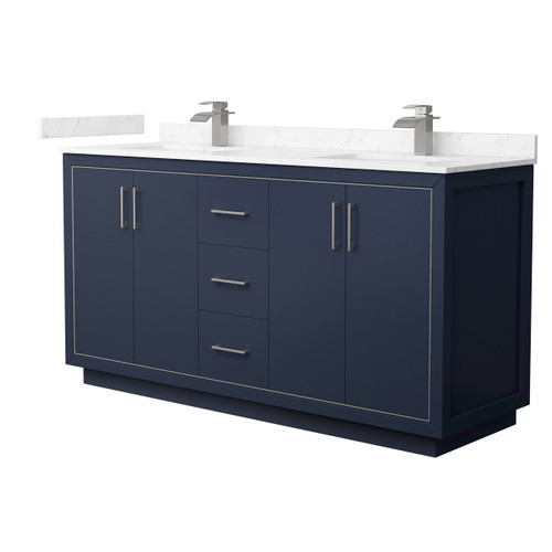 Wyndham WCF111166DBNC2UNSMXX Icon 66 Inch Double Bathroom Vanity in Dark Blue, Carrara Cultured Marble Countertop, Undermount Square Sinks, Brushed Nickel Trim