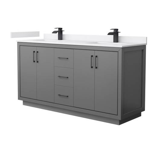 Wyndham WCF111166DGBWCUNSMXX Icon 66 Inch Double Bathroom Vanity in Dark Gray, White Cultured Marble Countertop, Undermount Square Sinks, Matte Black Trim