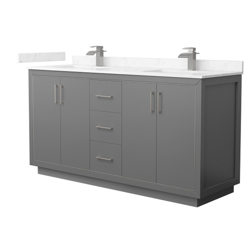 Wyndham WCF111166DKGC2UNSMXX Icon 66 Inch Double Bathroom Vanity in Dark Gray, Carrara Cultured Marble Countertop, Undermount Square Sinks, Brushed Nickel Trim